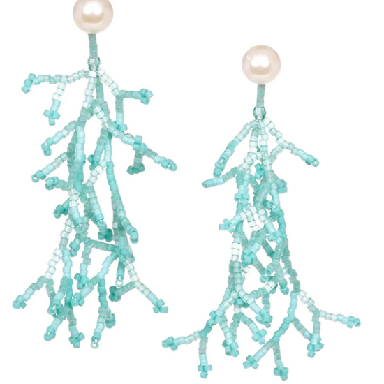 Coral shaped drop earrings in turquoise coloured beads hanging from a pearl stud