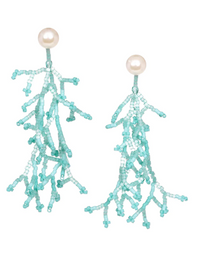 Coral shaped drop earrings in turquoise coloured beads hanging from a pearl stud