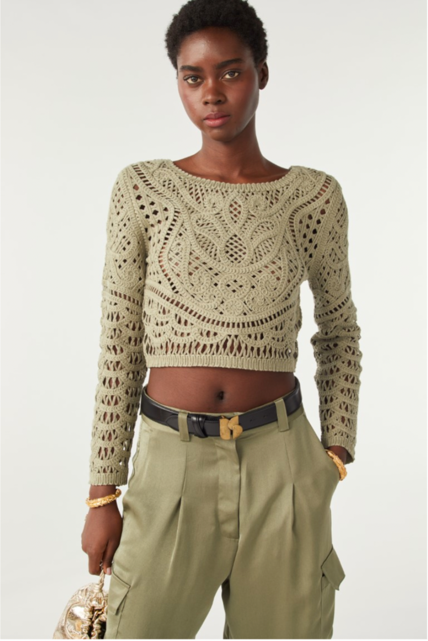 Light khaki cropped cardigan with lace effect long sleeves and buttons down the back