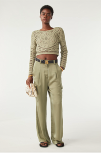 Light khaki cropped cardigan with lace effect long sleeves and buttons down the back