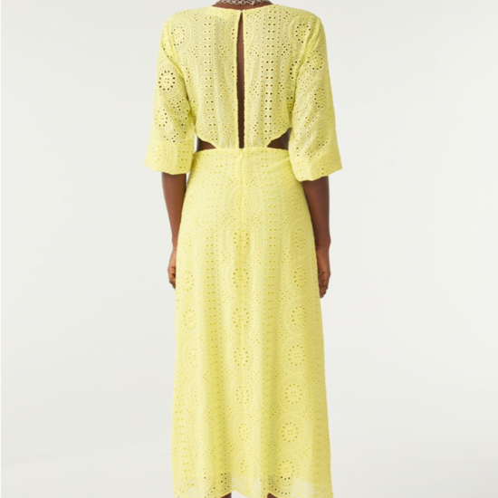 Yellow broderie anglais midi dress with three quarter length sleeves with waist cut outs and scalloped hem