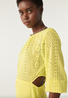 Yellow broderie anglais midi dress with three quarter length sleeves with waist cut outs and scalloped hem