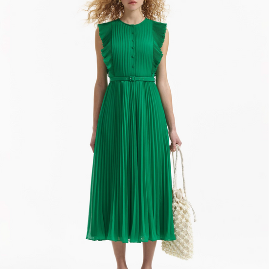 Emerald green sleeveless dress with pintuck bodice ruffle over the shoulder and midi length skirt with delicate pleats with fabric belt