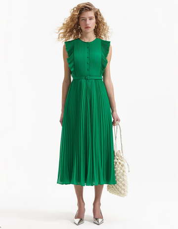 Emerald green sleeveless dress with pintuck bodice ruffle over the shoulder and midi length skirt with delicate pleats with fabric belt