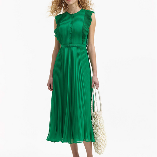 Emerald green sleeveless dress with pintuck bodice ruffle over the shoulder and midi length skirt with delicate pleats with fabric belt