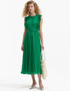 Emerald green sleeveless dress with pintuck bodice ruffle over the shoulder and midi length skirt with delicate pleats with fabric belt