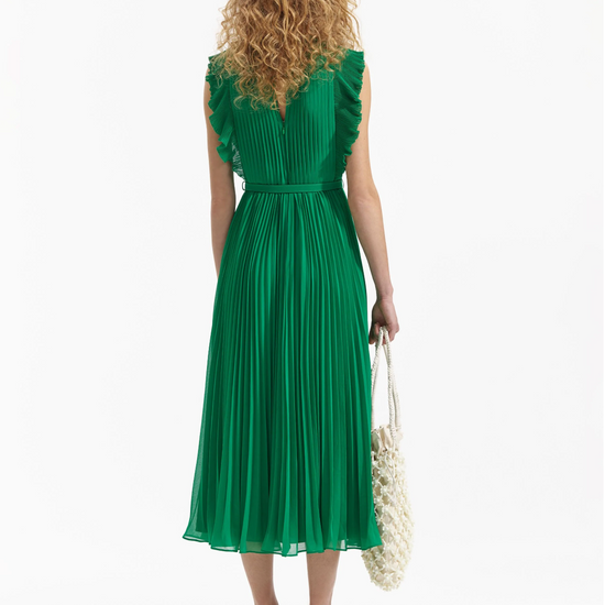 Emerald green sleeveless dress with pintuck bodice ruffle over the shoulder and midi length skirt with delicate pleats with fabric belt