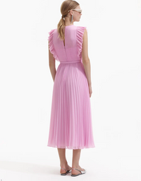 Pastel pink sleeveless dress with pintuck bodice ruffle over the shoulder and midi length skirt with delicate pleats with fabric belt