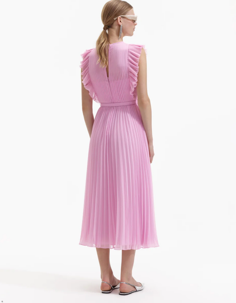 Pastel pink sleeveless dress with pintuck bodice ruffle over the shoulder and midi length skirt with delicate pleats with fabric belt