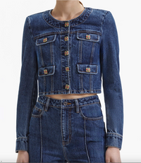 Mid-Dark wash cropped denim jacket with crew neckline and gold buttons with enamel coloured details with long sleeves