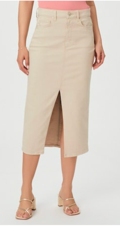 Straight cut beige denim skirt with front split