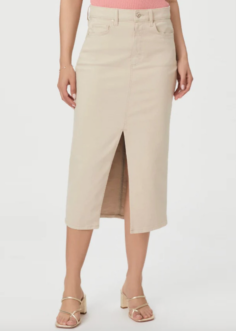 Straight cut beige denim skirt with front split