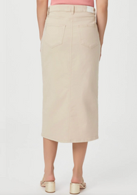 Straight cut beige denim skirt with front split rear view