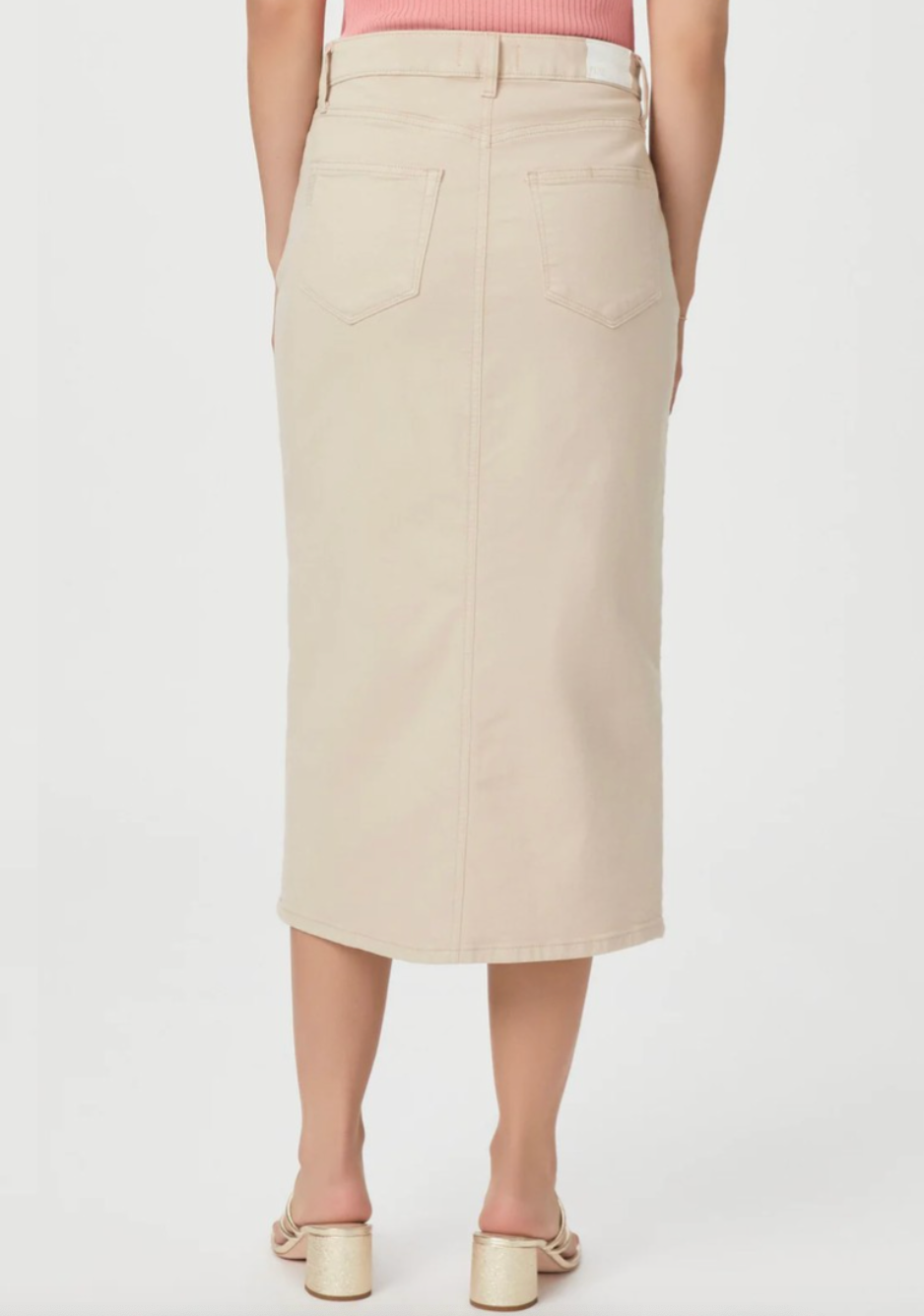 Straight cut beige denim skirt with front split rear view