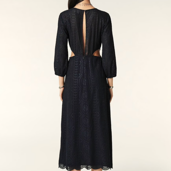 Navy midi dress with three quarter length sleeves waist cut outs and open back and scalloped hem with broderie anglais throughoutNavy midi dress with three quarter length sleeves waist cut outs and open back and scalloped hem with broderie anglais throughout