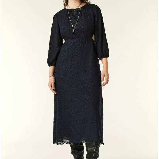 Navy midi dress with three quarter length sleeves waist cut outs and open back and scalloped hem with broderie anglais throughout