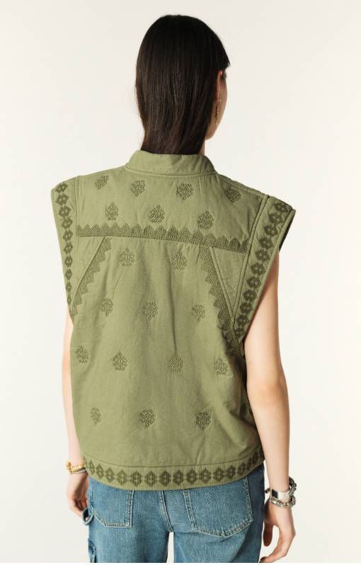 Embroidered and padded gilet style jacket in khaki green