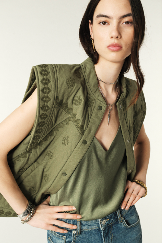 Embroidered and padded gilet style jacket in khaki green