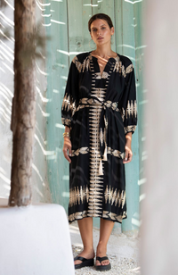 Black midi sun dress with notch neck long sleeves with fluted cuffs self tie waist and gold embroidery all over