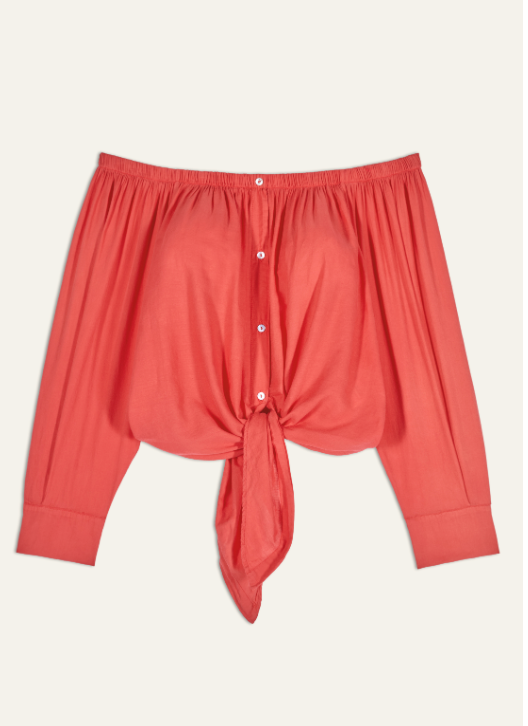 Coral coloured cotton shirt to be worn off the shoulder with a tie front