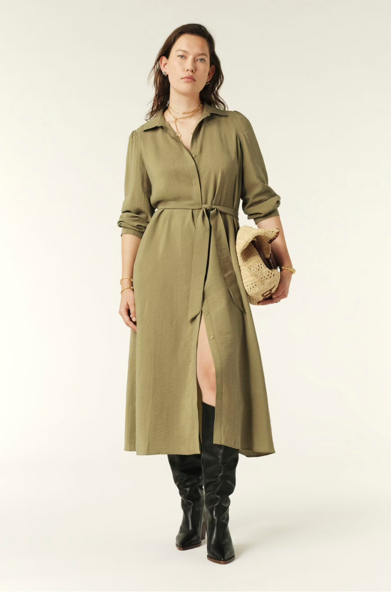 Button through shirt dress in khaki with long sleeves and removable self tie belt