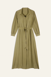Button through shirt dress in khaki with long sleeves and removable self tie belt