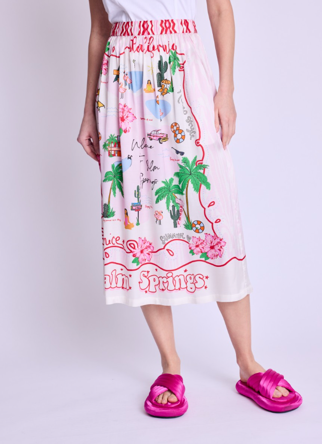 Palm springs sating midi skirt with elasticated waist and colourful doddle pictures throughout with inseam pockets