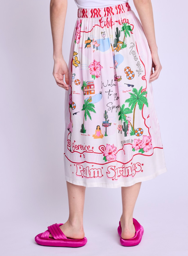 Palm springs sating midi skirt with elasticated waist and colourful doddle pictures throughout with inseam pockets