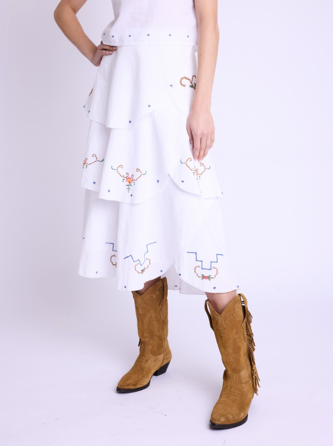 Triple tiered linen blend skirt with colourful floral cross stitch throughout