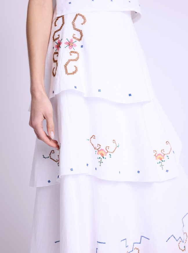 Triple tiered linen blend skirt with colourful floral cross stitch throughout