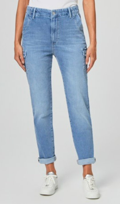 Light wash denim jeans with cargo style side pockets