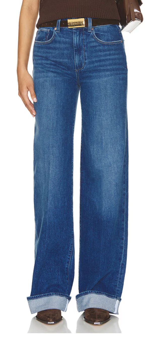 Mid wash wide straight leg denim jeans with a added turn up hem