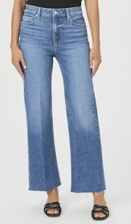 Distressed cropped raw hem straight jeans with classic five pocket styling