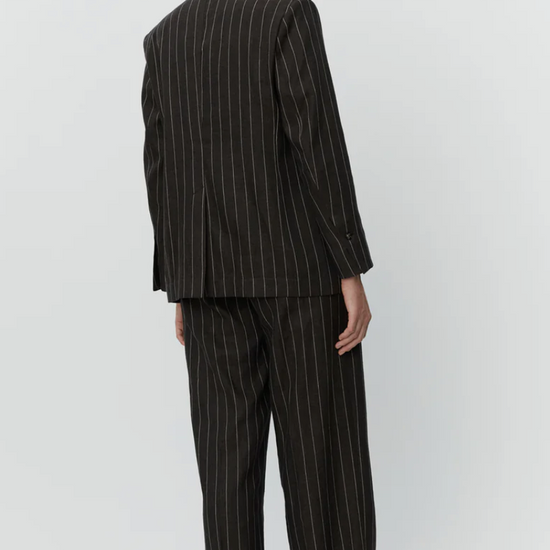 chocolate brown pinstripe blazer rear view