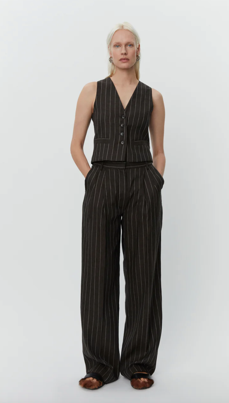 chocolate brown pinstripe high waisted trousers