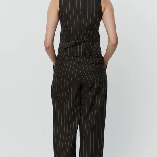 chocolate brown pinstripe high waisted trousers rear view