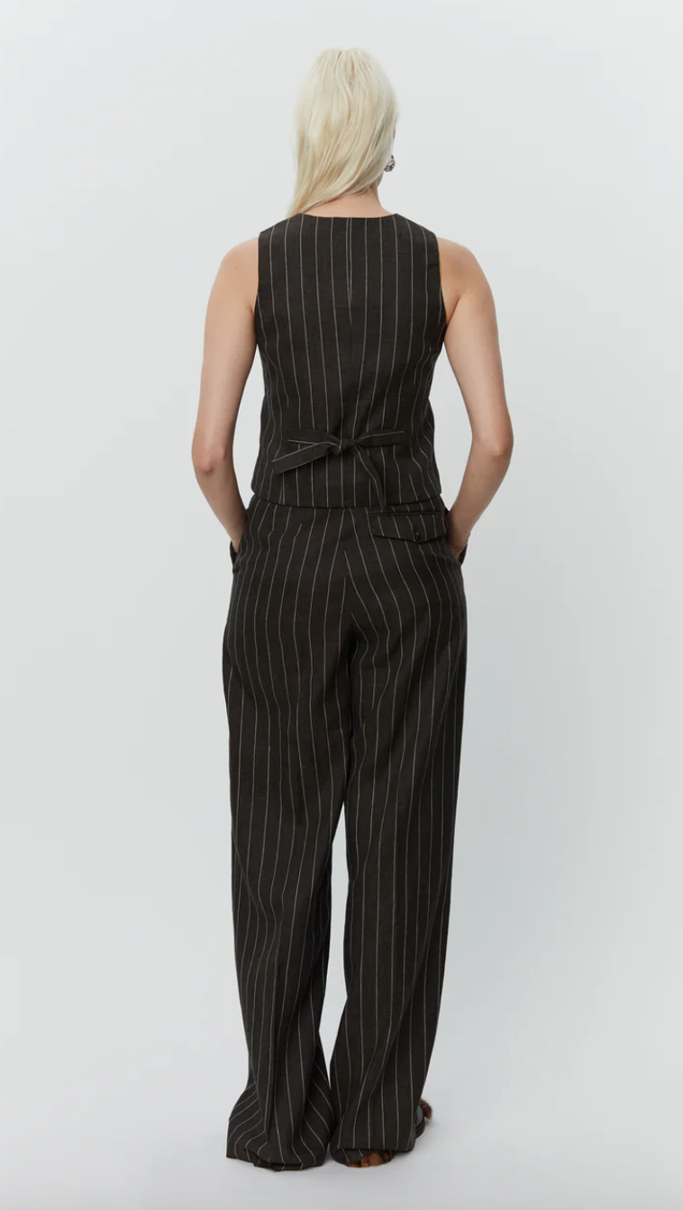 chocolate brown pinstripe high waisted trousers rear view