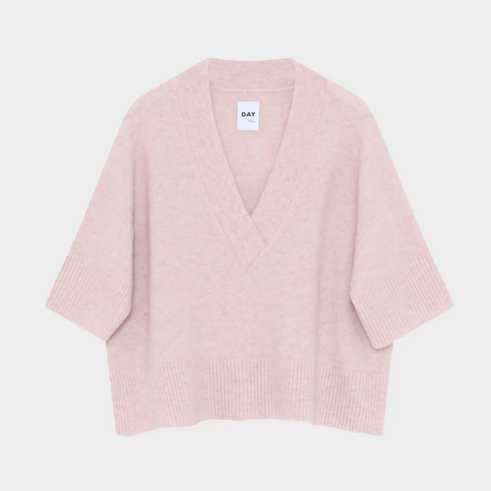 Pale pink V neck alpaca  blend knit with short sleeves