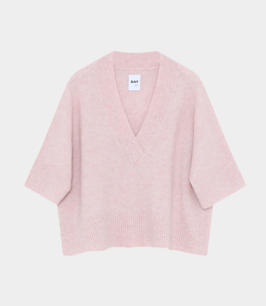Pale pink V neck alpaca  blend knit with short sleeves