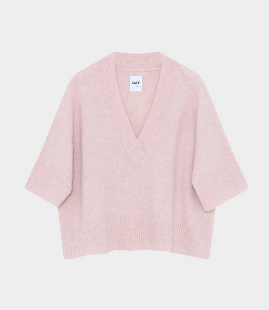 Pale pink V neck alpaca  blend knit with short sleeves