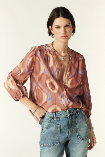 bohemian inspired v-neck shirt with pink and blue design