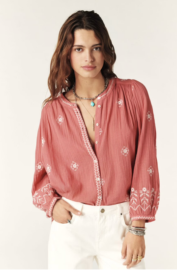 pink cotton shirt with white embroidery detailing