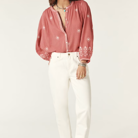 pink cotton shirt with white embroidery detailing