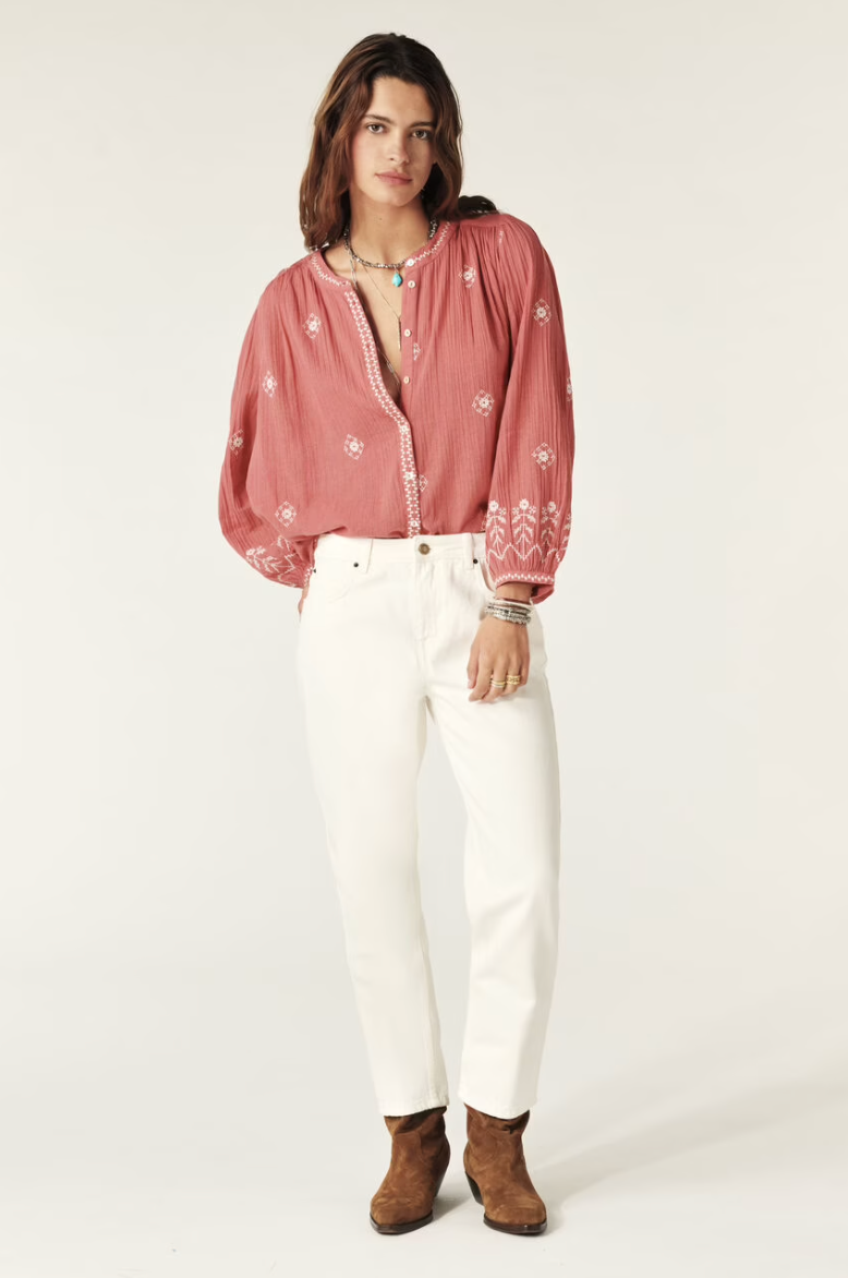 pink cotton shirt with white embroidery detailing