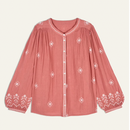 pink cotton shirt with white embroidery detailing