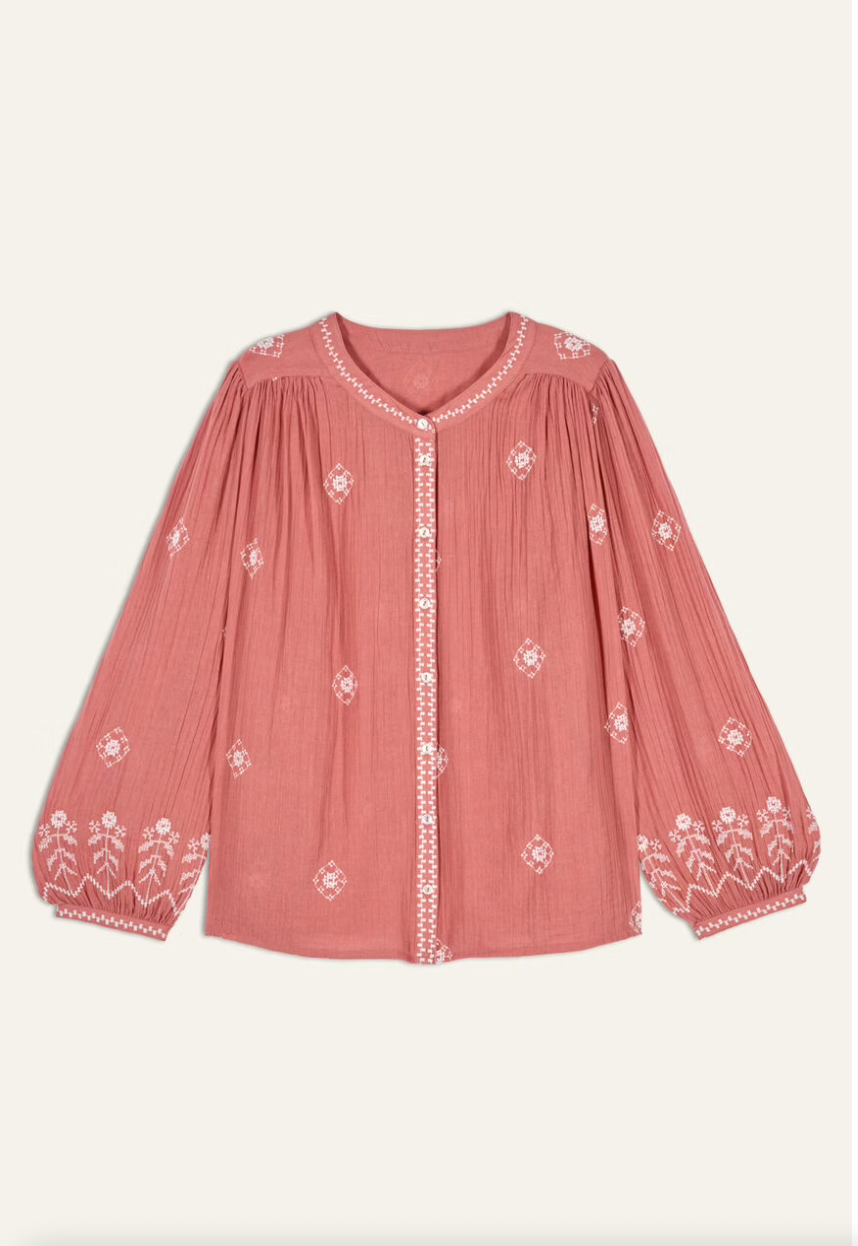 pink cotton shirt with white embroidery detailing