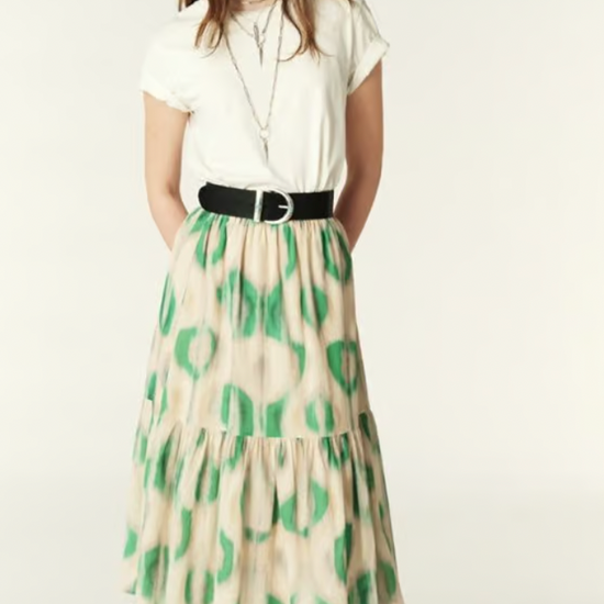 tiered skirt with green and ecru print