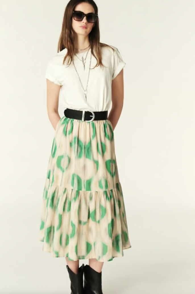 tiered skirt with green and ecru print