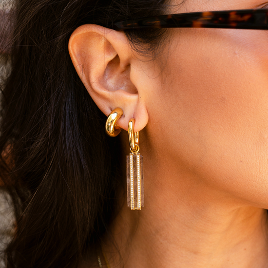 gold hoops with drop quartz stone with diamante detailing