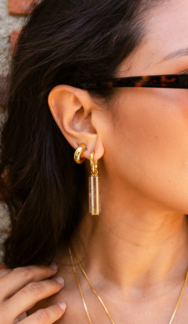 gold hoops with drop quartz stone with diamante detailing